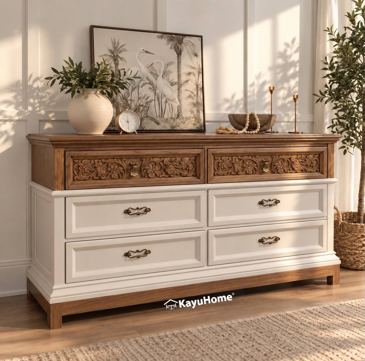 Cabinet Heritage Carved Floral Solid Wood 6-Drawer Buffet — official KayuHome catalogue image